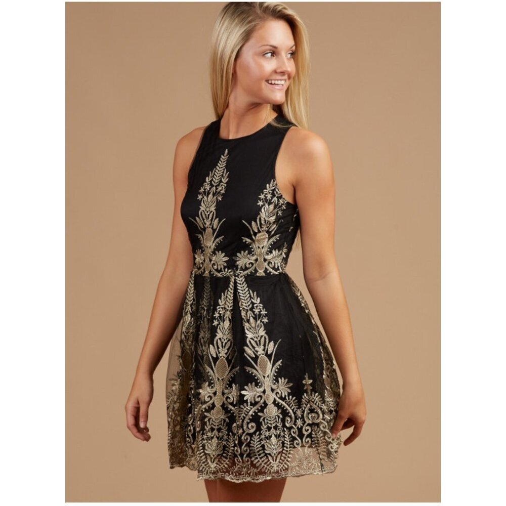 Altard State Black & Gold Sleeveless Embroidered A-Line Dress XS Fit and Flare